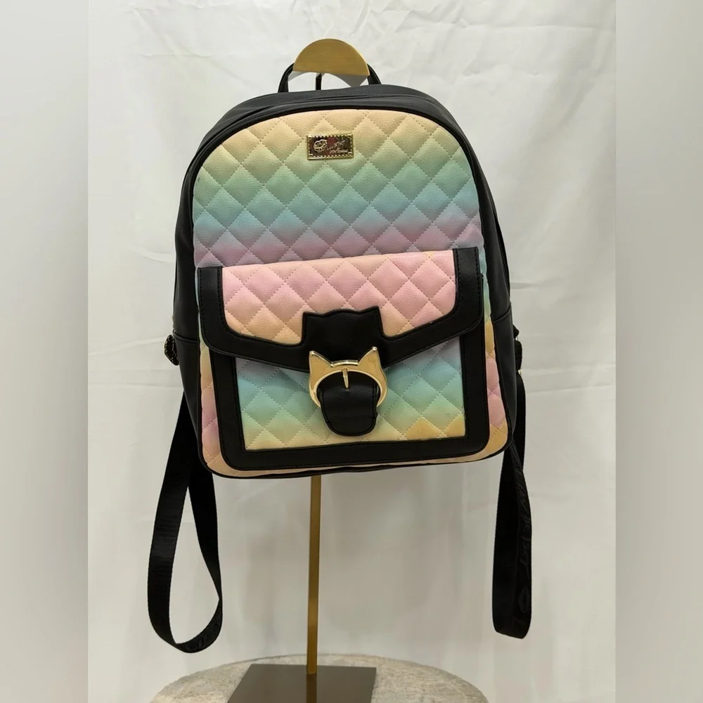 Betsey Johnson Quilted Pastel Rainbow Cat Buckle Backpack Faux Leather